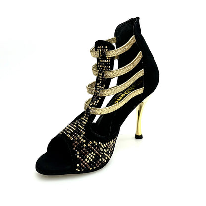 Sandalo donna Carola Leopard Gold in camoscio nero con elastici dorati, dettagli leopardati e Swarovski neri, tacco a spillo laminato oro