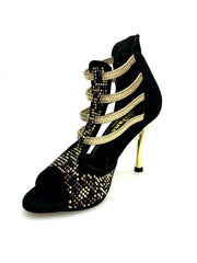 Carica immagine nella Galleria, Carola Leopard Gold (460PW) - Sandalo da Donna in Camoscio Nero Elastici Oro con Livrea Leopardo in borchiette Oro e Marroni e Swarovski Neri e tacco a spillo laminato Oro
