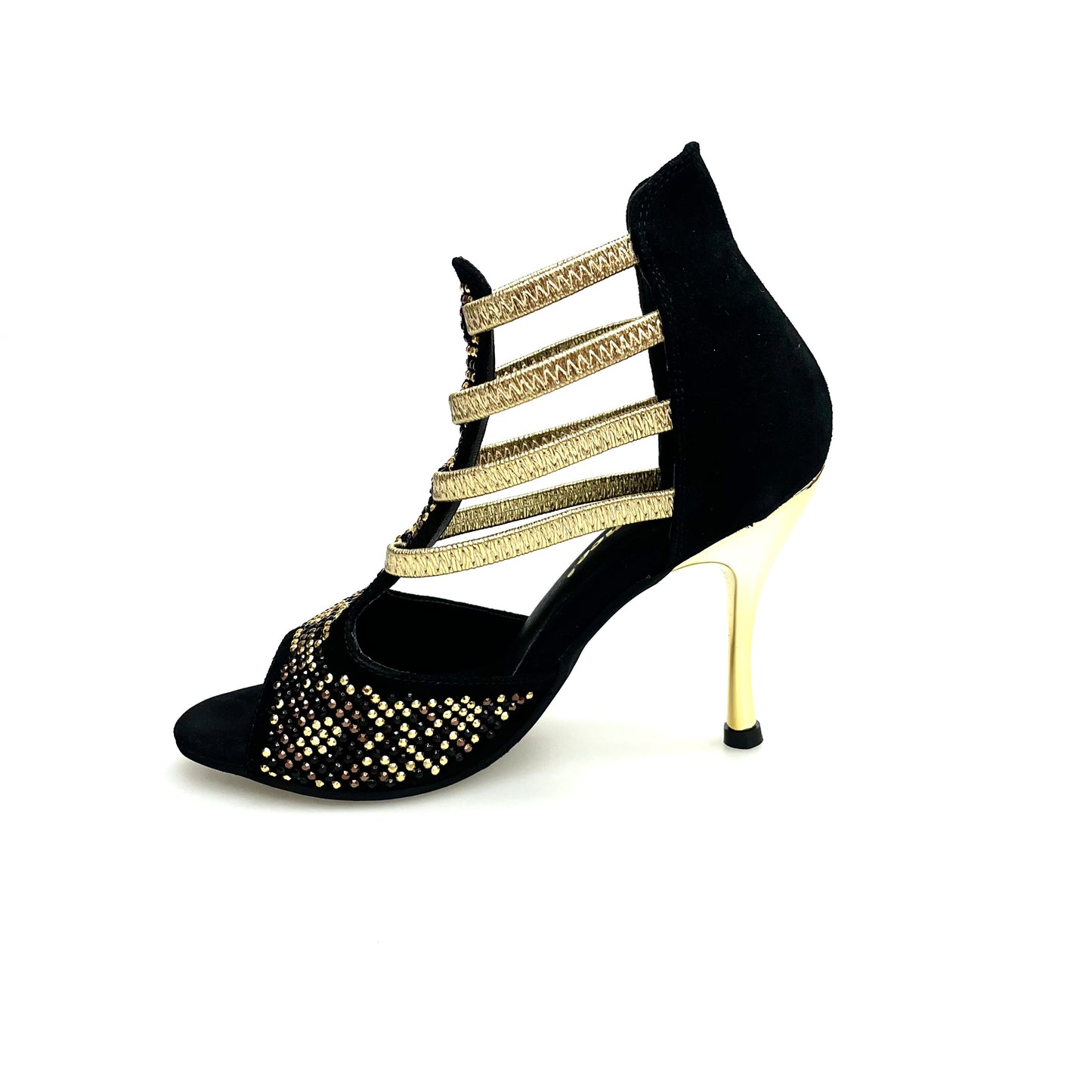 Sandalo donna Carola Leopard Gold Wish Dance Shop in camoscio nero, elastici oro, borchiette e Swarovski, tacco a spillo laminato oro