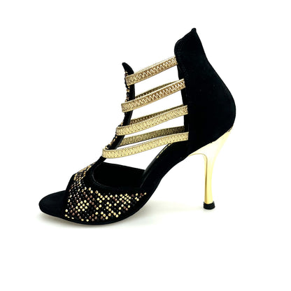 Sandalo da donna Carola Leopard Gold Wish Dance Shop con elastici oro, dettagli leopardati, Swarovski neri e tacco a spillo laminato oro.