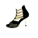 Load image into Gallery viewer, Carola Leopard Gold (460PW) - Sandalo da Donna in Camoscio Nero Elastici Oro con Livrea Leopardo in borchiette Oro e Marroni e Swarovski Neri e tacco a spillo laminato Oro
