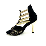 Load image into Gallery viewer, Carola Leopard Gold (460PW) - Sandalo da Donna in Camoscio Nero Elastici Oro con Livrea Leopardo in borchiette Oro e Marroni e Swarovski Neri e tacco a spillo laminato Oro
