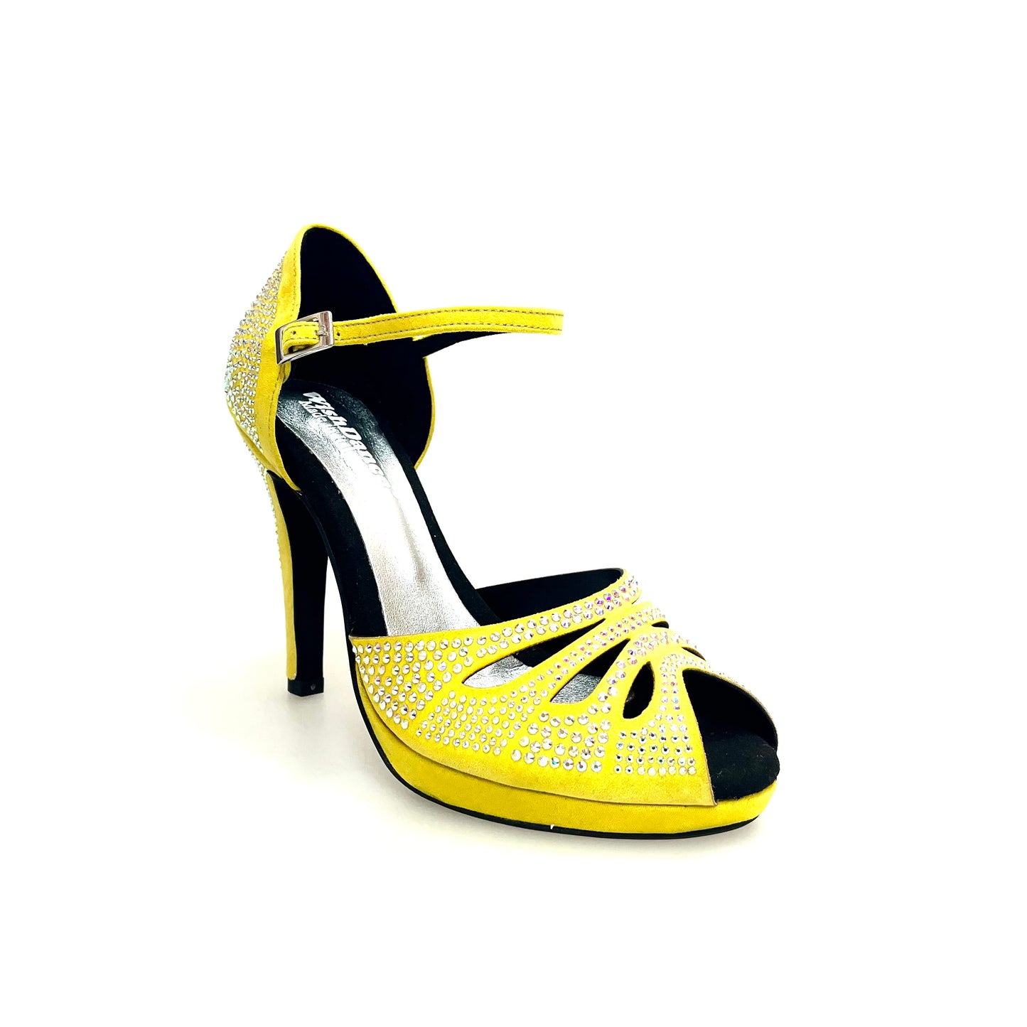 Scarpa da ballo Alexa Wish Dance Shop in camoscio giallo fluò con Swarovski, tacco alto, punta larga e suola piatta.