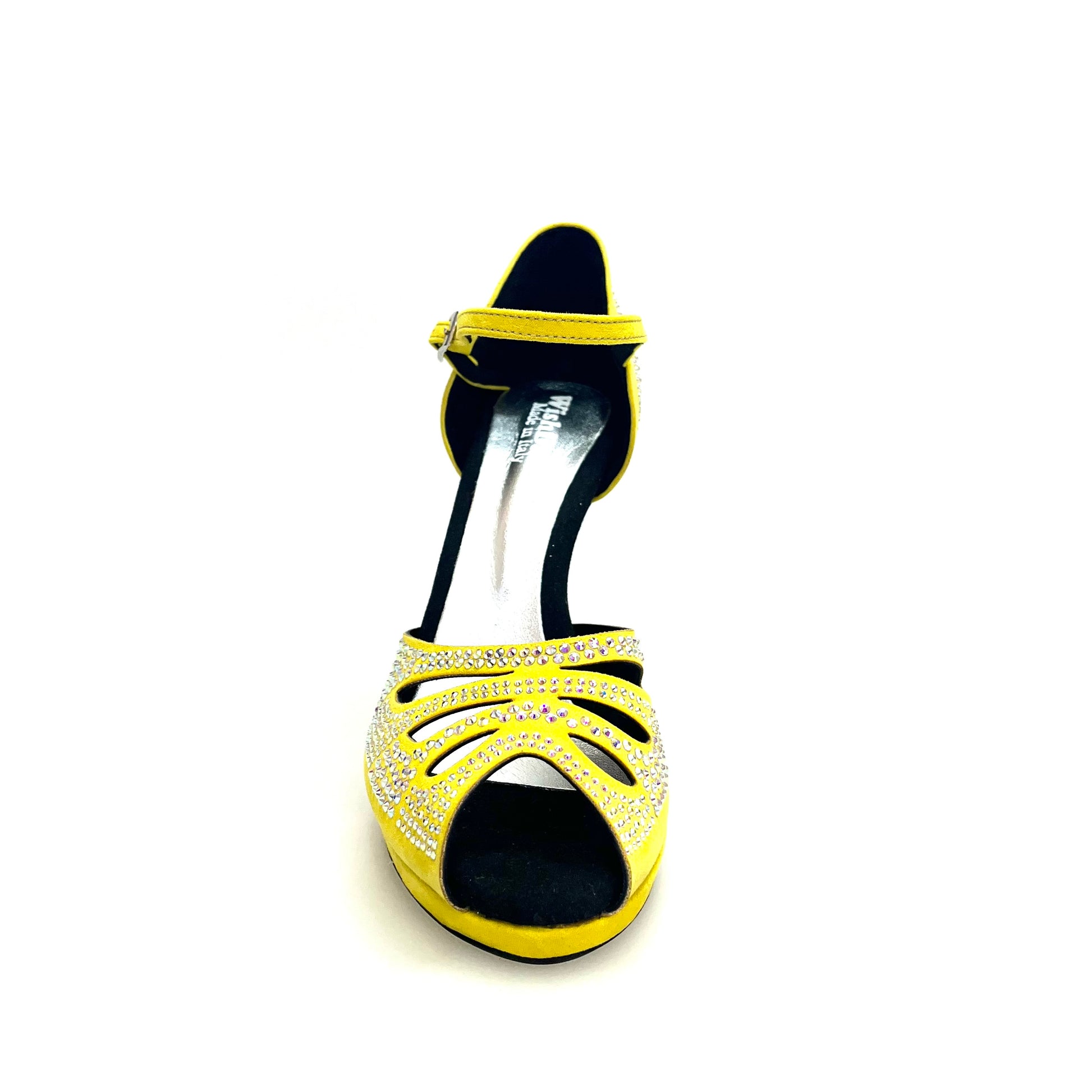 Scarpa da ballo Wish Dance Shop Alexa LP4 in camoscio giallo fluò con Swarovski, tacco alto, punta larga e suola platform.