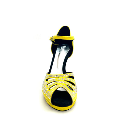 Scarpa da ballo Wish Dance Shop Alexa LP4 in camoscio giallo fluò con Swarovski, tacco alto, punta larga e suola platform.