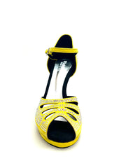 Carica immagine nella Galleria, Alexa (LP4) - Scarpa da Ballo Camoscio Giallo Fluò Con Swarovski Boreali Tacco Alto Spillo Largo e Platò Confort Flex
