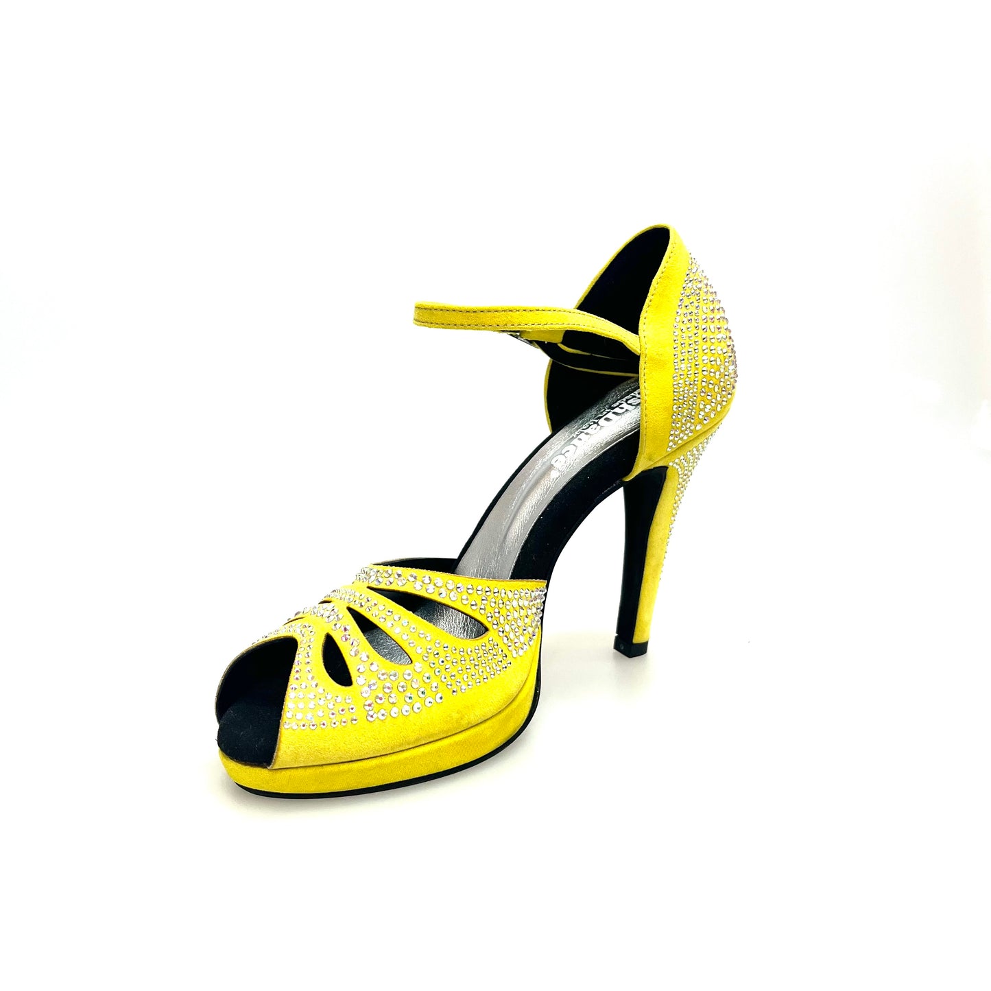 Scarpa da ballo Wish Dance Shop Alexa LP4 in camoscio giallo fluò con Swarovski, tacco alto, suola larga e comfort flex
