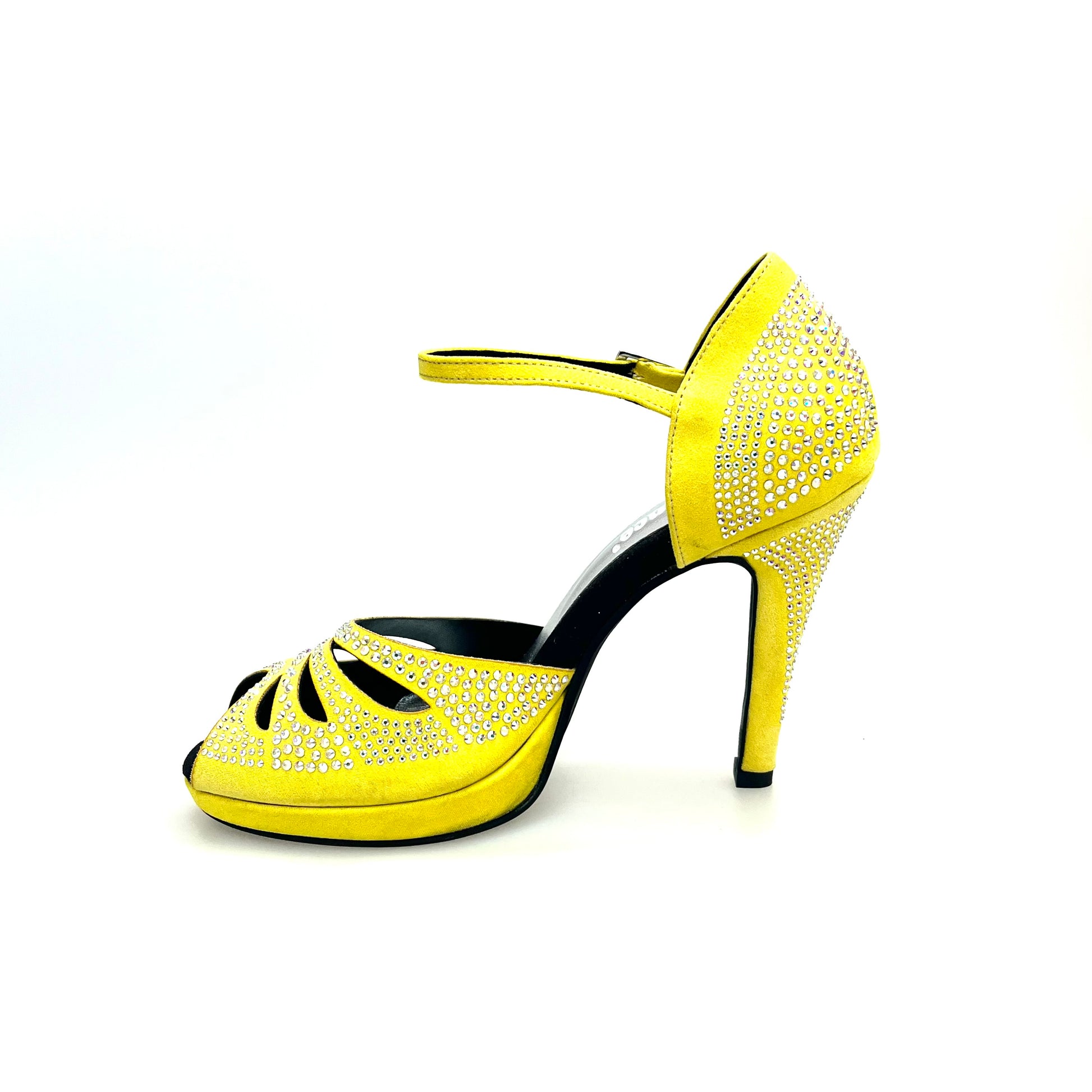 Scarpa da ballo Wish Dance Shop Alexa LP4 in camoscio giallo fluò con Swarovski, tacco alto e suola larga, comoda e elegante