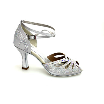 Diamond QB (L52) - Scarpa da Ballo da Donna in Raso Argento Cinturino incrociato alla caviglia Con Swarovski  Boreali