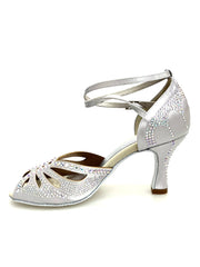 Carica immagine nella Galleria, DADA Diamond QB (L52) - Scarpa da Ballo da Donna in Raso Argento Cinturino incrociato alla caviglia Con Swarovski  Boreali
