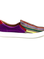 Carica immagine nella Galleria, ROJAS Slip Iris Flex - MOCASSINO SUPER FLEX IN CAMOSCIO VIOLA ABBINATO A TESSUTO TRASPIRANTE A RIGHE MULTICOLORE SUOLA CON CASSETTA IN RESINA DI GOMMINA NERA  FLEX
