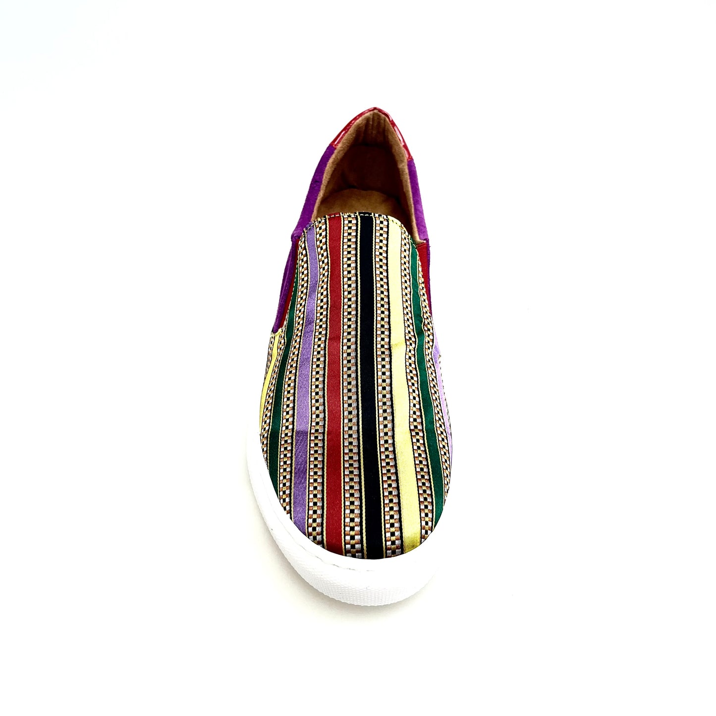 Mocassino super flex Rojas Slip Iris Flex in camoscio viola con tessuto a righe multicolore, suola in resina nera, design elegante e confortevole.