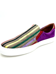 Carica immagine nella Galleria, ROJAS Slip Iris Flex - MOCASSINO SUPER FLEX IN CAMOSCIO VIOLA ABBINATO A TESSUTO TRASPIRANTE A RIGHE MULTICOLORE SUOLA CON CASSETTA IN RESINA DI GOMMINA NERA  FLEX
