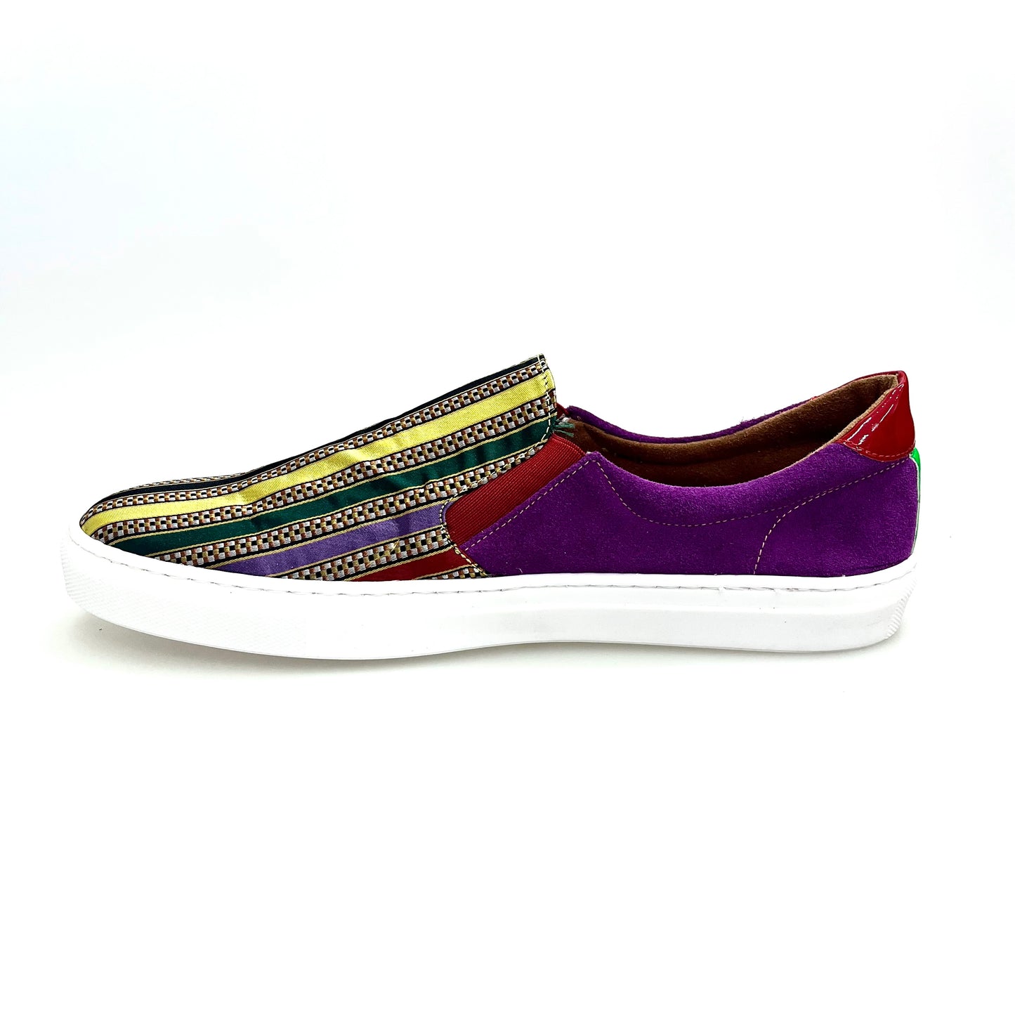 Mocassino super flex Rojas Slip Iris Flex in camoscio viola con tessuto traspirante a righe multicolore e suola con cassetta in resina nera