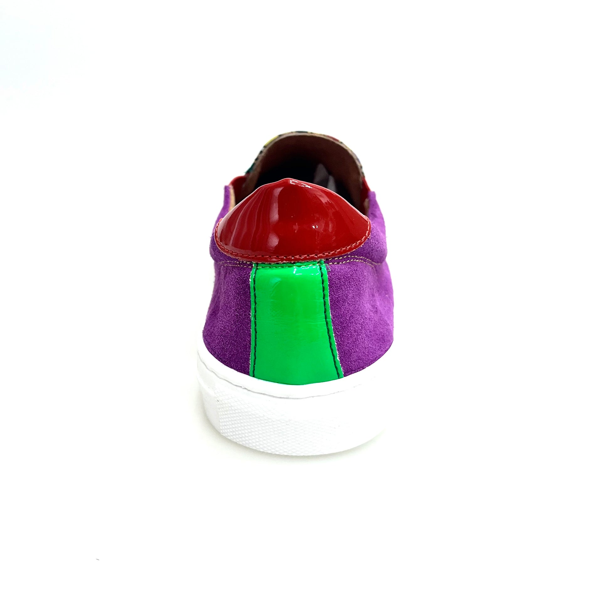 Mocassino super flex Rojas Slip Iris Flex in camoscio viola con tessuto traspirante a righe multicolore, suola con cassetta in resina nera.
