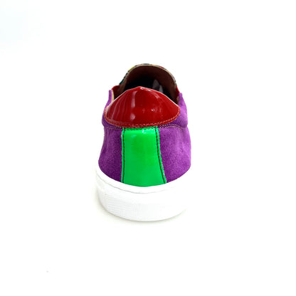 Mocassino super flex Rojas Slip Iris Flex in camoscio viola con tessuto traspirante a righe multicolore, suola con cassetta in resina nera.