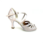 Carica immagine nella Galleria, DADA Diamond QC (L55) - Scarpa da Ballo da Donna in Raso Cipria cinturino incrociato al collopiede con Swarovski  Boreali Tacco a Rocchetto
