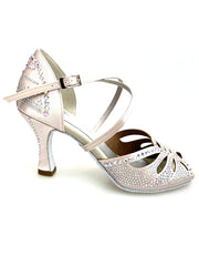 Carica immagine nella Galleria, DADA Diamond QC (L55) - Scarpa da Ballo da Donna in Raso Cipria cinturino incrociato al collopiede con Swarovski  Boreali Tacco a Rocchetto
