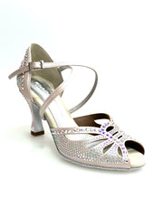 Carica immagine nella Galleria, DADA Diamond QC (L55) - Scarpa da Ballo da Donna in Raso Cipria cinturino incrociato al collopiede con Swarovski  Boreali Tacco a Rocchetto
