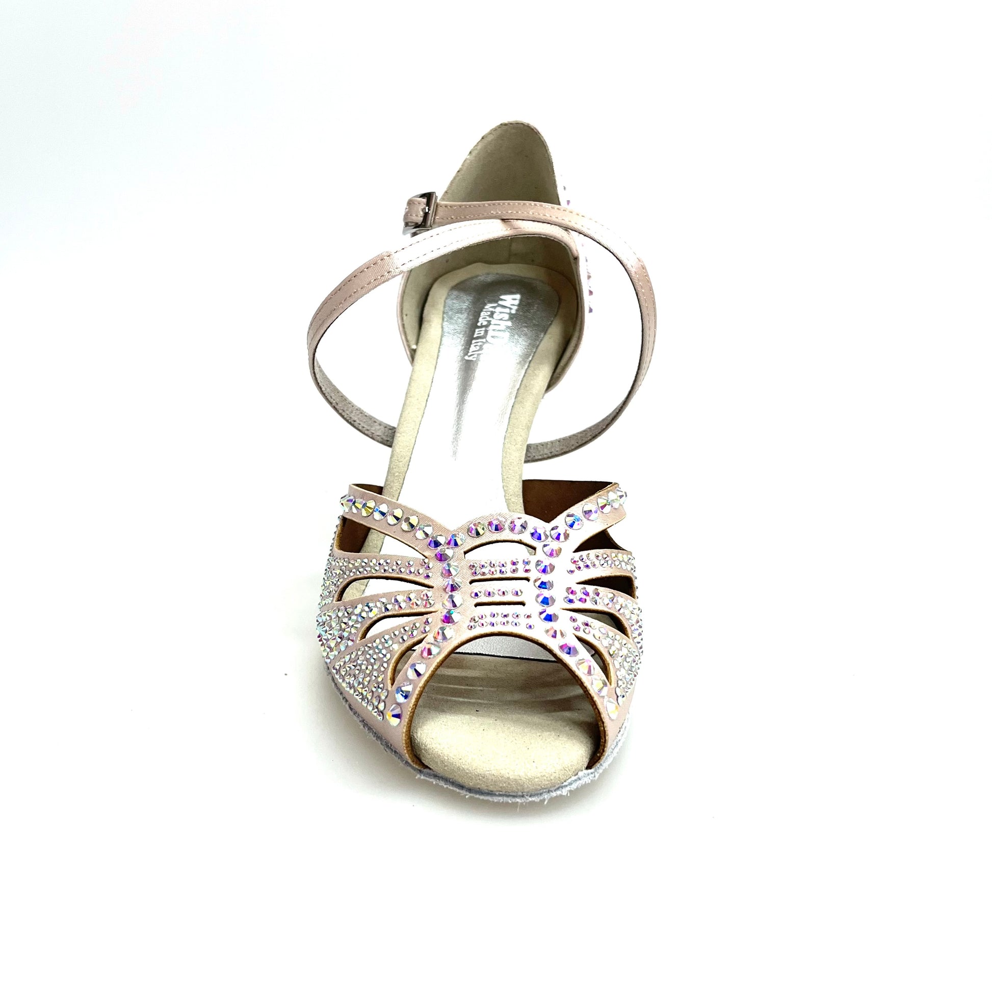 Scarpa da ballo donna DADA Diamond QC L55 in raso cipria con cinturino incrociato, Swarovski e tacco a rocchetto.
