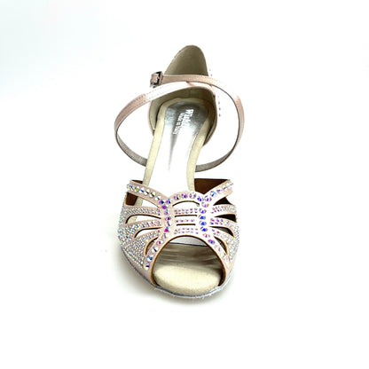 Scarpa da ballo donna DADA Diamond QC L55 in raso cipria con cinturino incrociato, Swarovski e tacco a rocchetto.