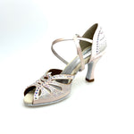 Carica immagine nella Galleria, DADA Diamond QC (L55) - Scarpa da Ballo da Donna in Raso Cipria cinturino incrociato al collopiede con Swarovski  Boreali Tacco a Rocchetto
