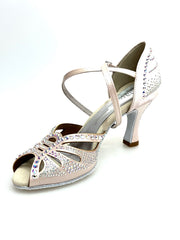 Carica immagine nella Galleria, DADA Diamond QC (L55) - Scarpa da Ballo da Donna in Raso Cipria cinturino incrociato al collopiede con Swarovski  Boreali Tacco a Rocchetto
