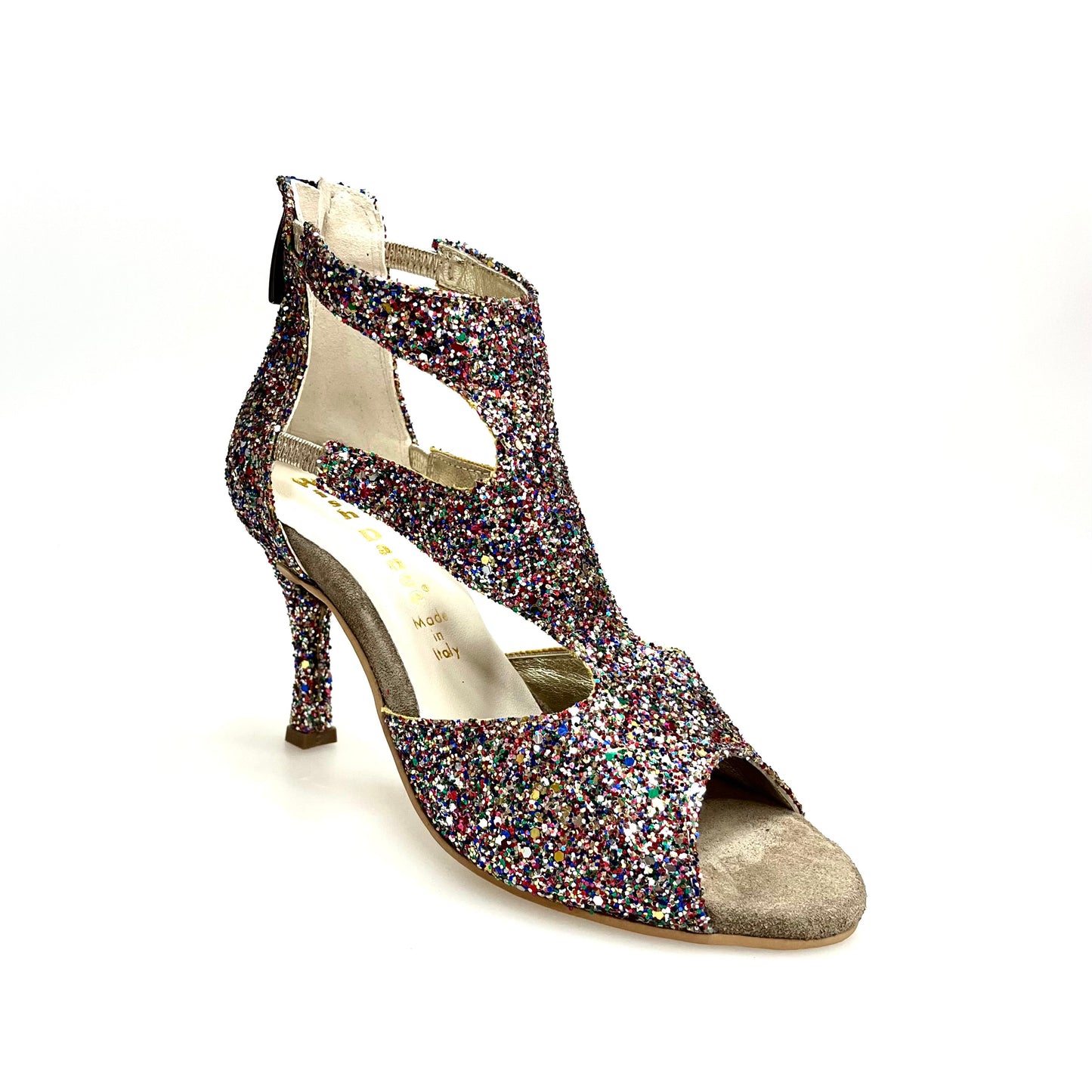 Sandalo donna Nina Kristall di Wish Dance Shop con cristalli multicolor, fodera in pelle e tacco sottile a rocchetto.