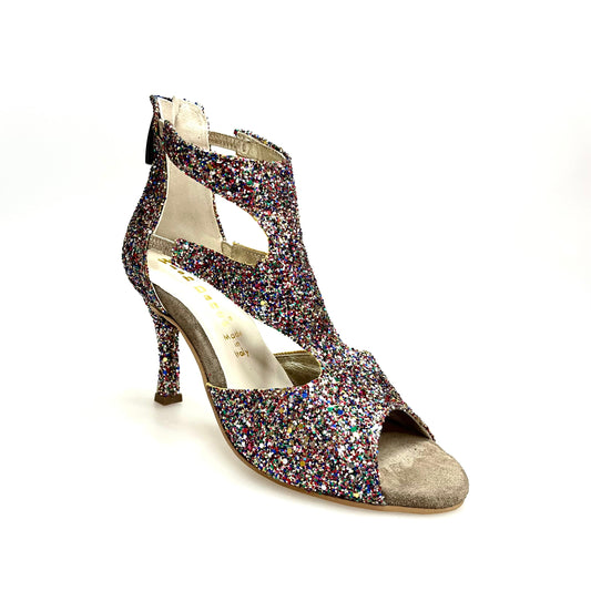 Sandalo donna Nina Kristall di Wish Dance Shop con cristalli multicolor, fodera in pelle e tacco sottile a rocchetto.