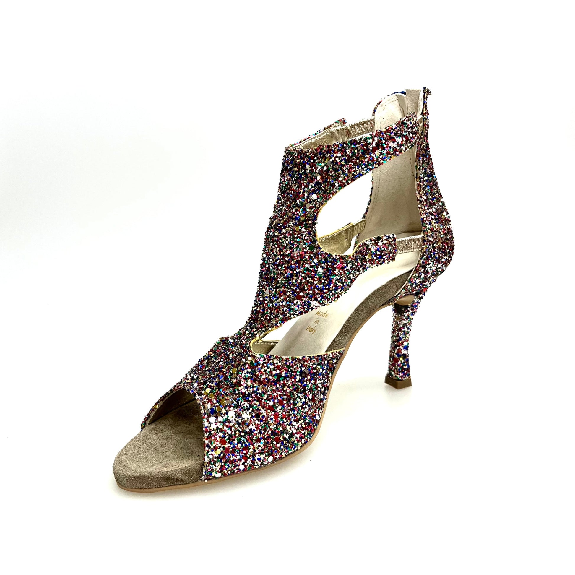 Sandalo donna Nina Kristall Wish Dance Shop con cristalli multicolor, fodera in pelle e tacco sottile a rocchettino.