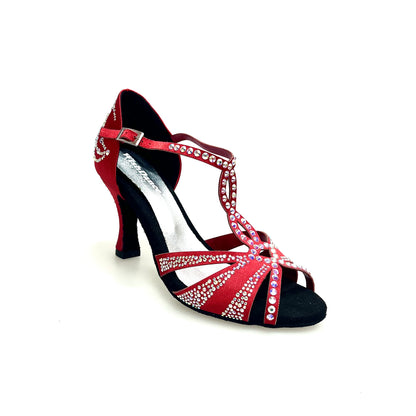 Sandalo da donna CAMILA Superb L13 in raso di seta rossa con Swarovski Boreali e tacco a rocchetto, scarpa da ballo elegante.