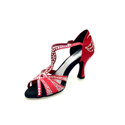 Sandalo da donna Camila Superb L13 in raso di seta rossa con Swarovski Boreali e tacco a rocchetto, scarpa da ballo elegante.