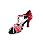 Carica immagine nella Galleria, CAMILA Superb (accollata) L13 - Scarpa da Ballo in Raso Seta Rosso con Swarovski Boreali e Tacco a Rocchetto
