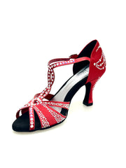 Carica immagine nella Galleria, CAMILA Superb (accollata) L13 - Scarpa da Ballo in Raso Seta Rosso con Swarovski Boreali e Tacco a Rocchetto
