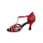 Carica immagine nella Galleria, CAMILA Superb (accollata) L13 - Scarpa da Ballo in Raso Seta Rosso con Swarovski Boreali e Tacco a Rocchetto
