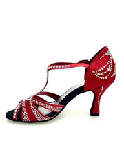 Carica immagine nella Galleria, CAMILA Superb (accollata) L13 - Scarpa da Ballo in Raso Seta Rosso con Swarovski Boreali e Tacco a Rocchetto
