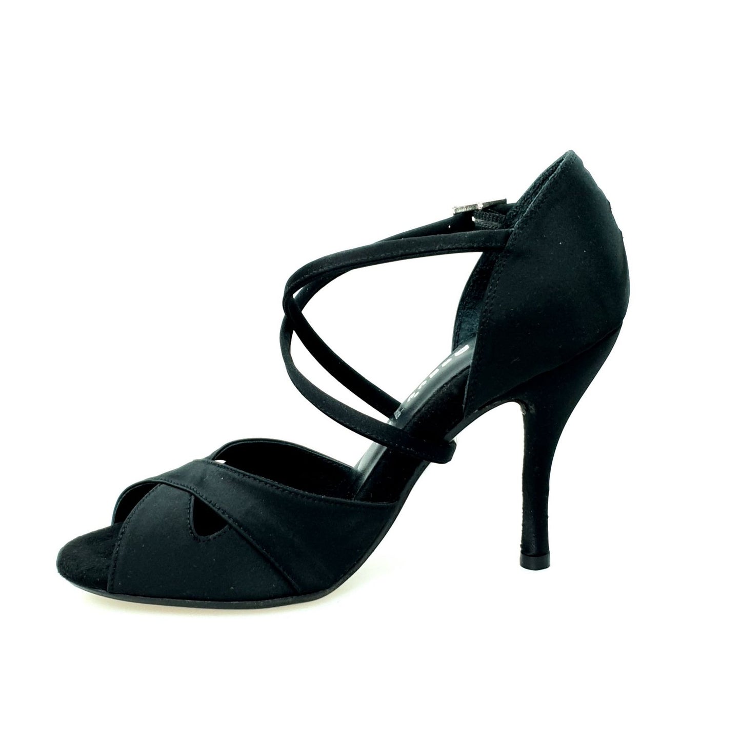Scarpa donna Ely QC in raso seta nero con cuscino memorex, cinturino incrociato e tacco a spillo, perfetta per occasioni eleganti.