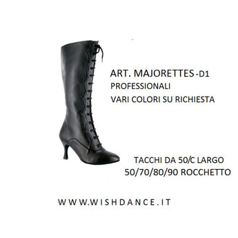 D-1 Zip (B) - High boot below the knee in Black Leather with Faux Closed Laces and zip opening on the side