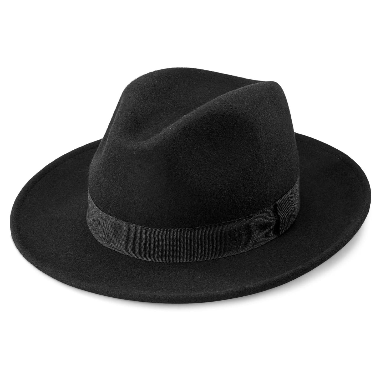 Cappello Fedora in feltro di lana nero con fascia nera e fodera in raso, stile elegante e classico.
