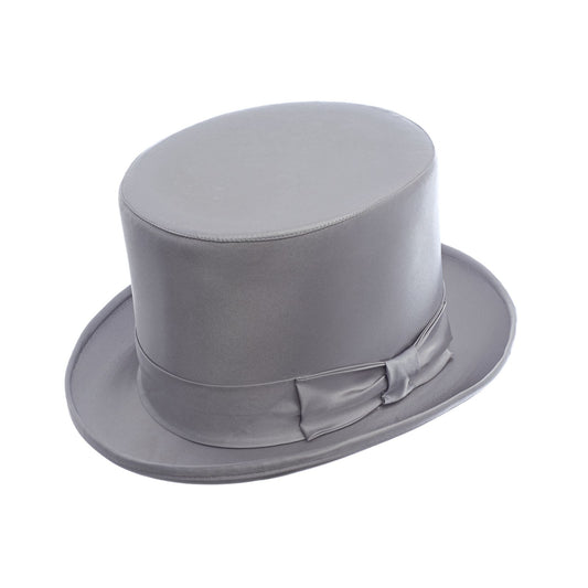 Cappello a cilindro da uomo in raso di seta color grigio chiaro, elegante e di alta qualità, perfetto per sposi e occasioni speciali.