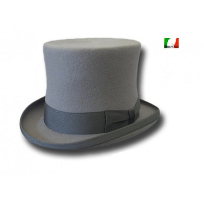 Cappello a cilindro in feltro di pura lana Merinos grigia con fascia e fodera in pelle rivestita in raso, marca Wish Dance Shop.