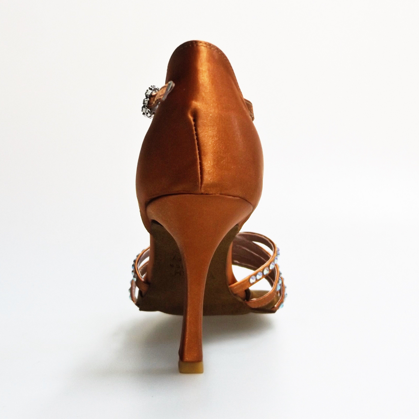 Scarpa da donna Infinity BI-Flex in raso seta bronzo con Swarovski parziali, suola extraflex per competizioni, vista posteriore.