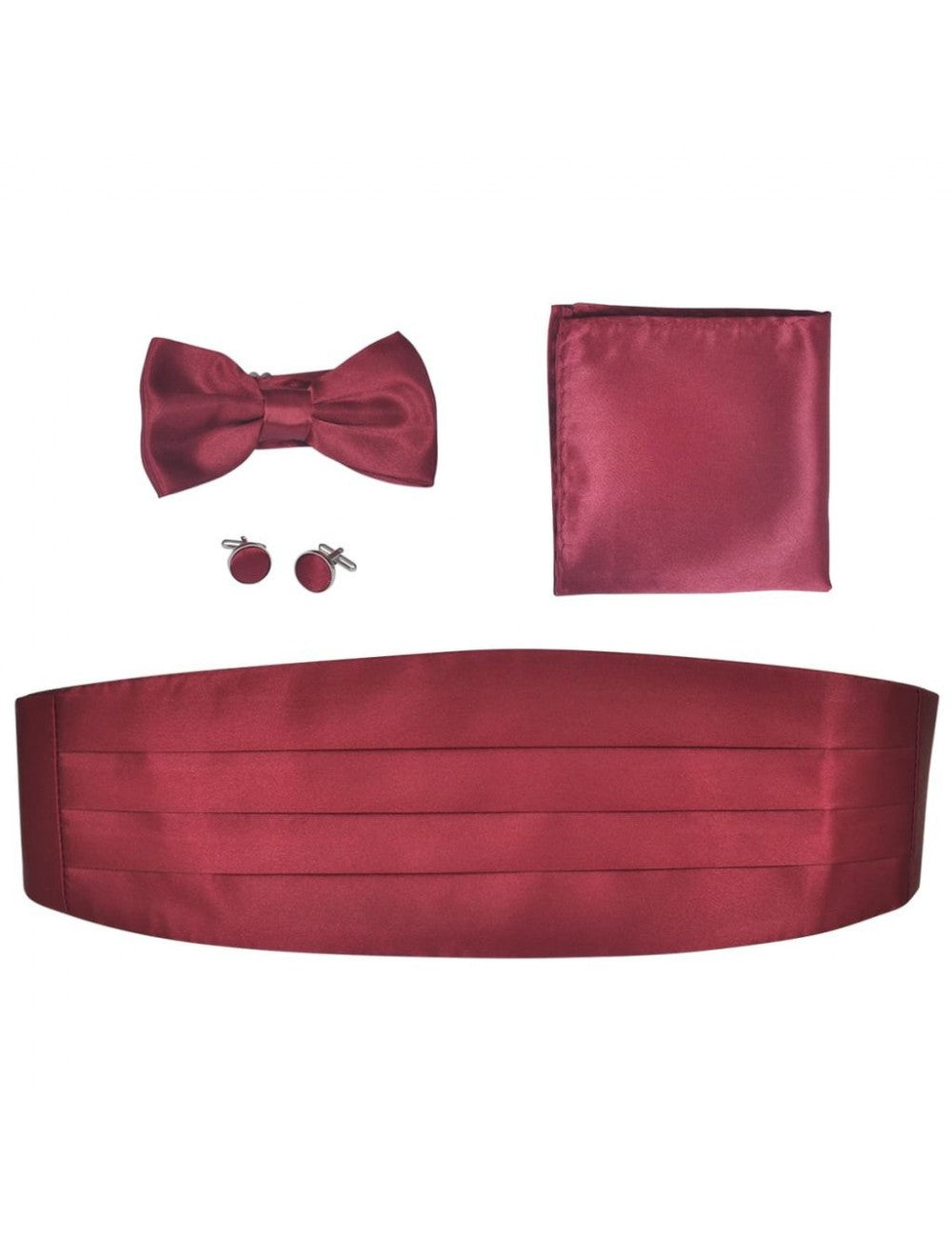 Set di accessori uomo Bordeaux con fusciacca, pochette e papillon in tessuto elegante, ideale per occasioni formali.