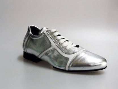 Sneaker Antony 115 da uomo in pelle argento con inserti in vernice bianca, scarpa casual di Wish Dance Shop