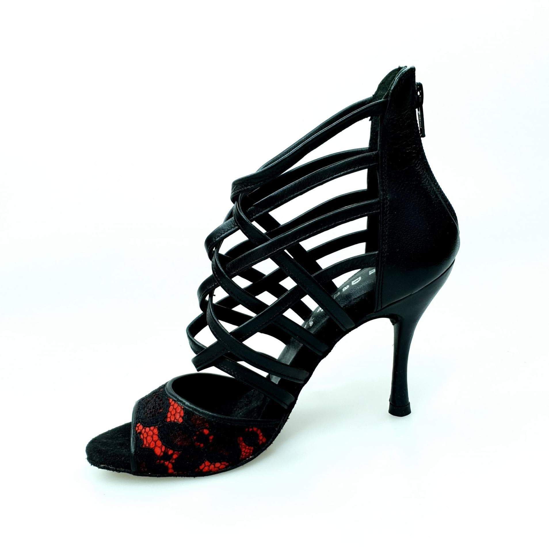 Sandalo da donna Megan in pizzo rosso con tallone e tacco in pelle nera, scarpa elegante Wish Dance Shop