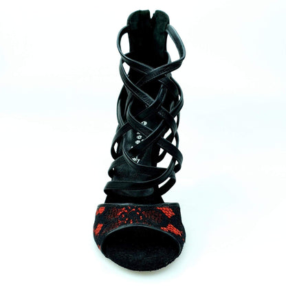 Sandalo da donna Megan in pizzo rosso con tallone e tacco in pelle nera, scarpa elegante Wish Dance Shop