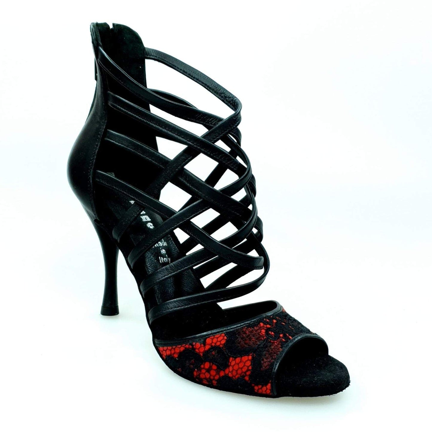 Sandalo da donna Megan Wish Dance Shop in pizzo rosso con tallone e tacco in pelle nera, scarpa elegante e femminile