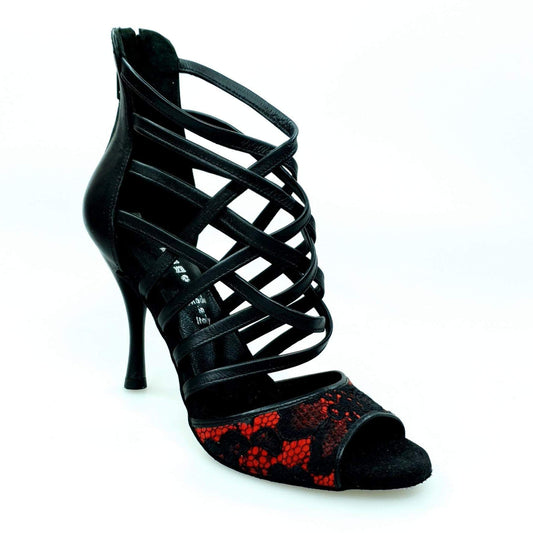 Sandalo da donna Megan Wish Dance Shop in pizzo rosso con tallone e tacco in pelle nera, scarpa elegante e femminile