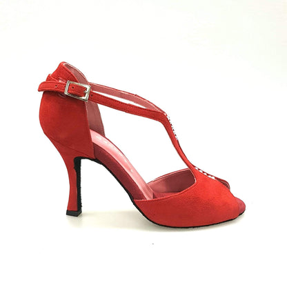 Scarpa da donna in camoscio rosso Terry 169B di Wish Dance Shop, vista laterale con dettaglio in camoscio.