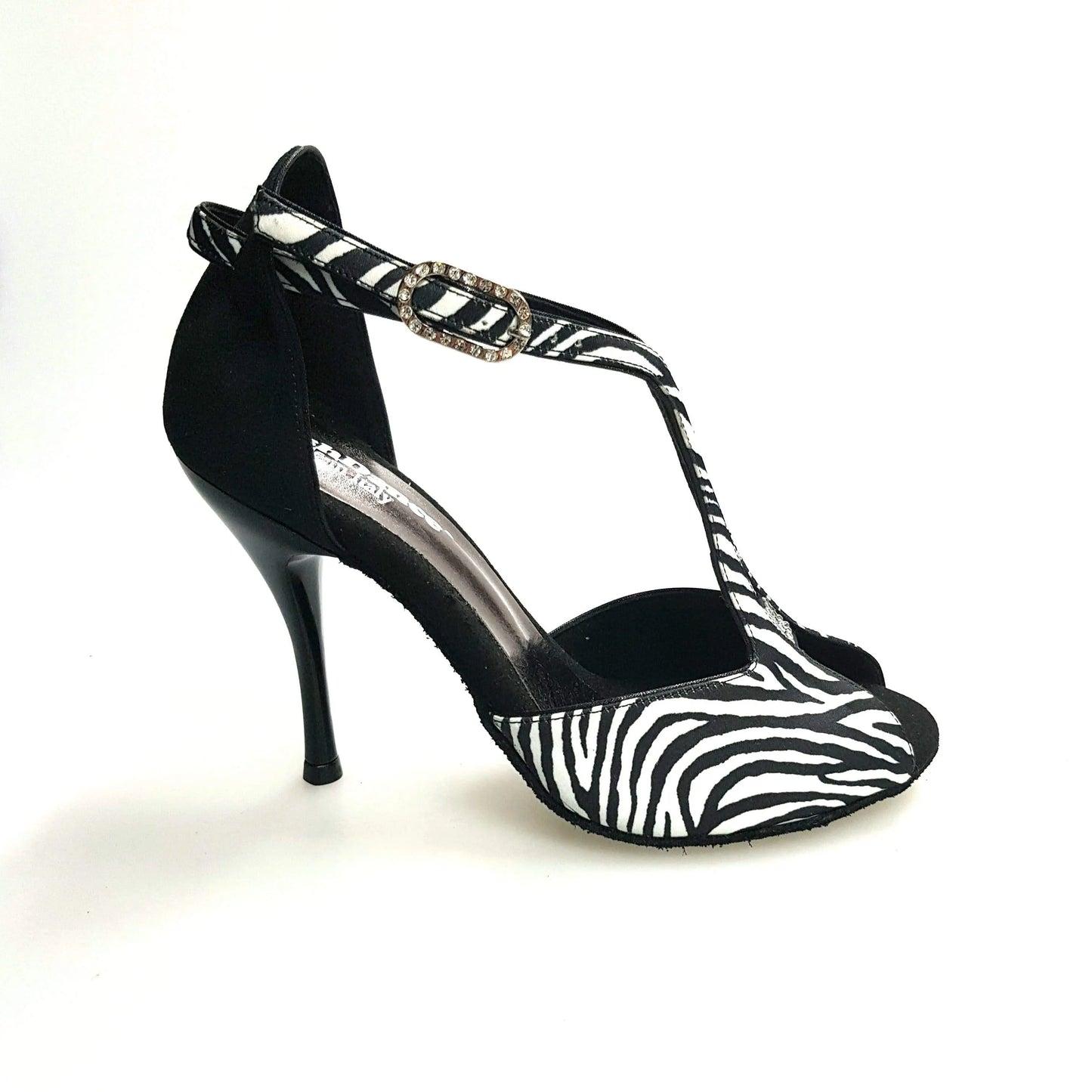 Sandalo donna ELIDE (401) in raso seta zebrato con tallone in camoscio nero, scarpa elegante Wish Dance Shop